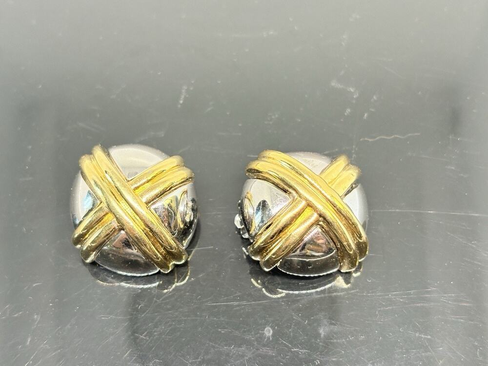 Ciner Two Tone X Chunky Clip On Statement Earrings Silver Tone Gold Tone